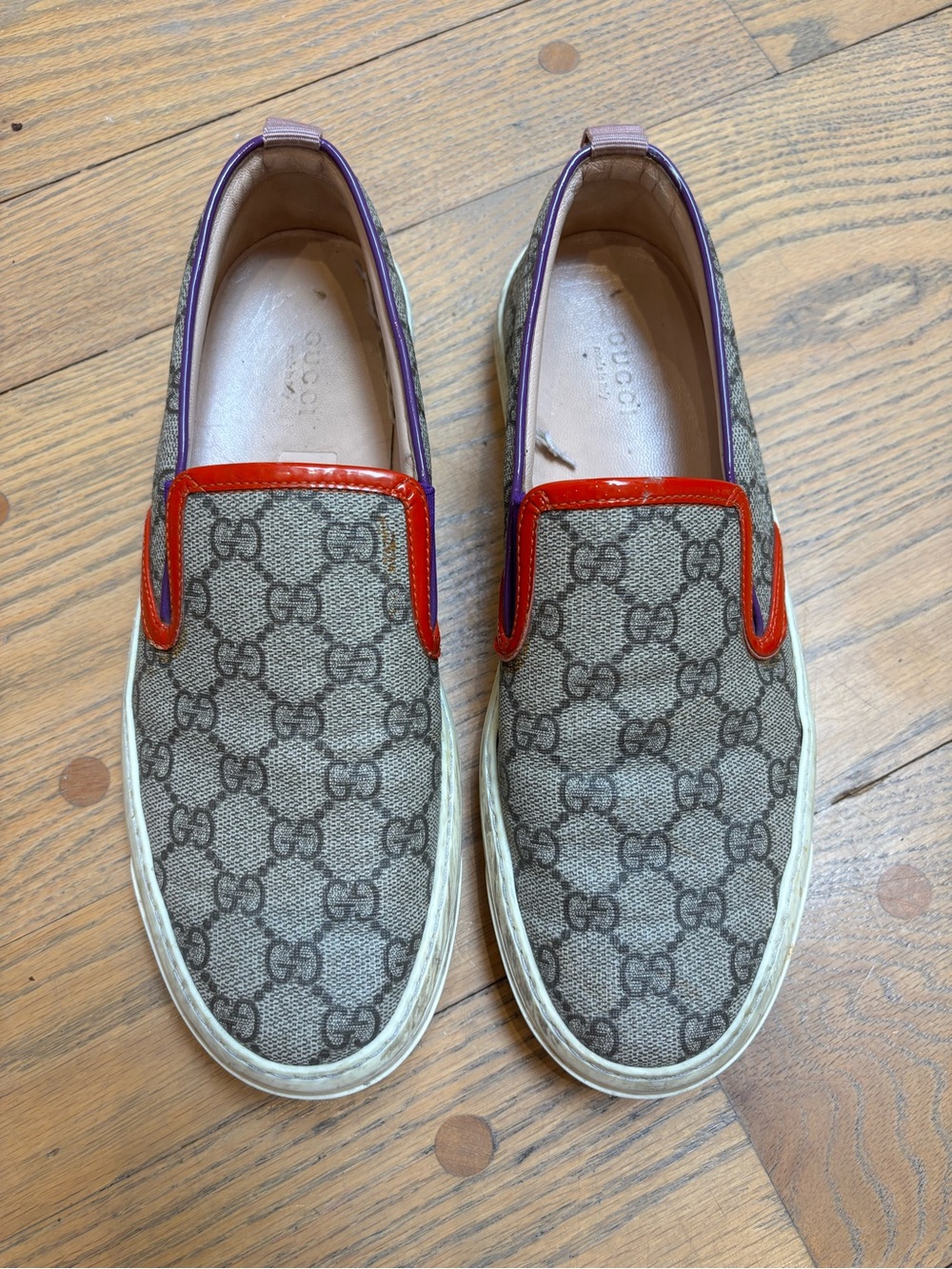 Gucci GG Canvas Slip-On Sneakers in Brown with Red Trim 9.5